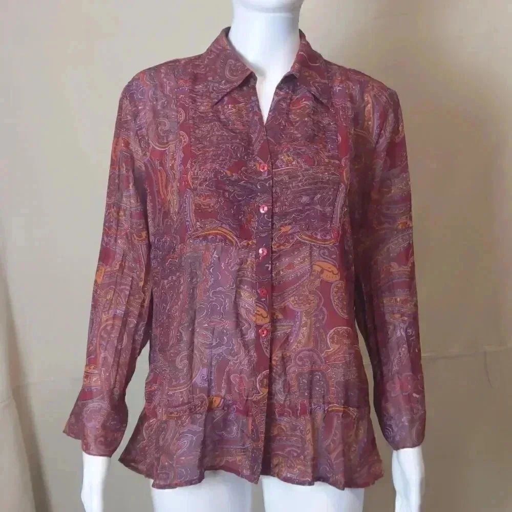 Notations Large Women's Colorful Hippie Bohemian V Neck Button Down Shirt